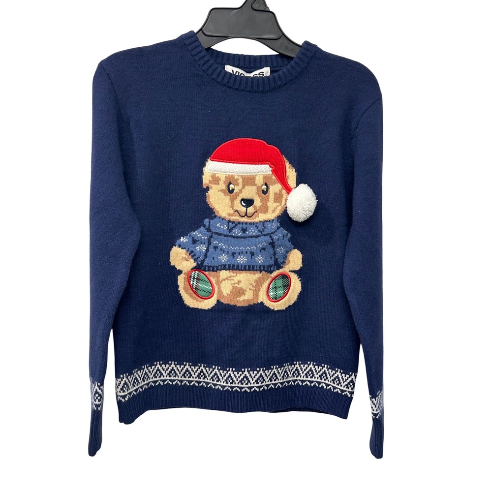 NWT Vigoss Kids Navy Blue Christmas Teddy Bear Santa Hat Knit Sweater L 14